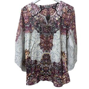 JM Collection Boho Top Size Large Burgundy Paisley Tunic Tee Flowy Sleeves NWOT